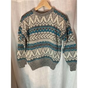Vintage BI GEAR Pullover Sweater Small Nordic Knit Fair Isle Blue Gray EUC